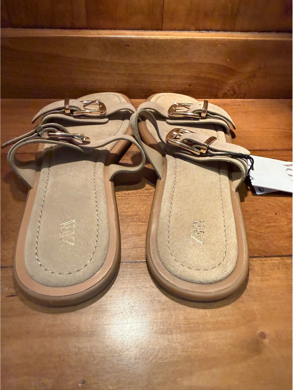 New Zara Beige Suede Buckled Slide Sandals Women's Size 9 - Picture 7 of 9